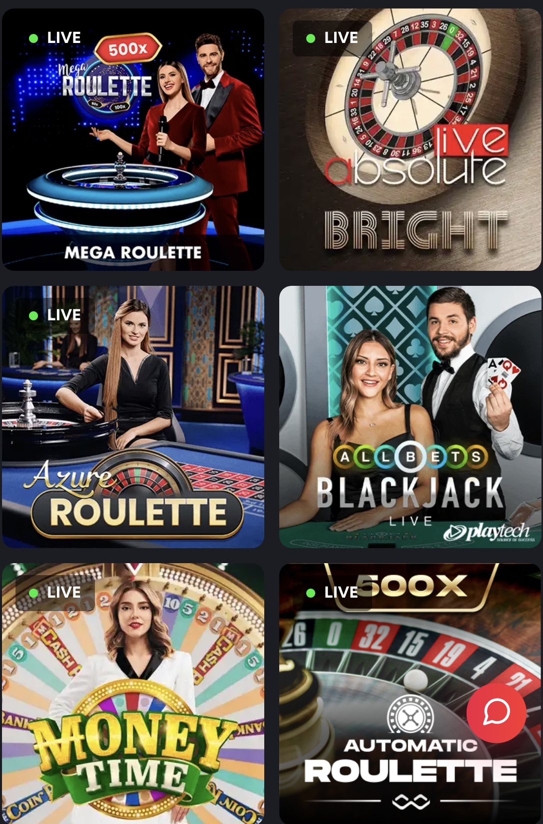 1Red live casino lobby – roulette and blackjack games
