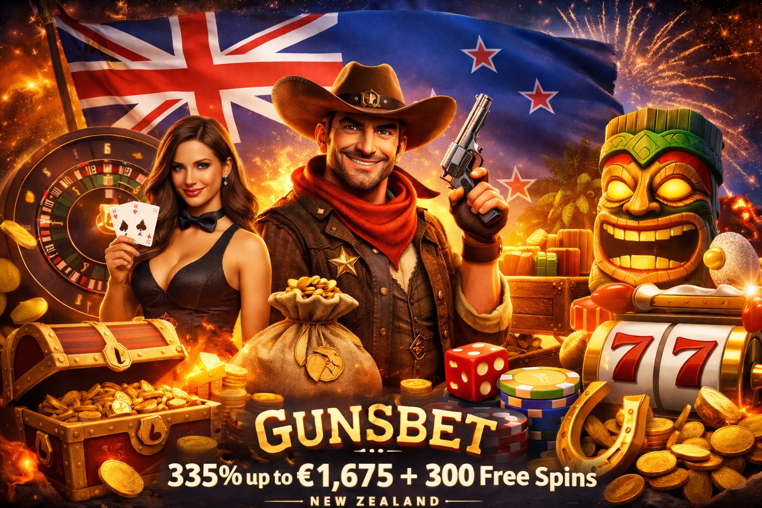Gunsbet Casino New Zealand review welcome bonus banner with slots and live casino games