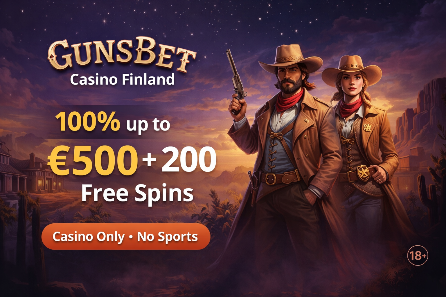 Gunsbet Casino Finland review welcome bonus banner with slots and live casino games