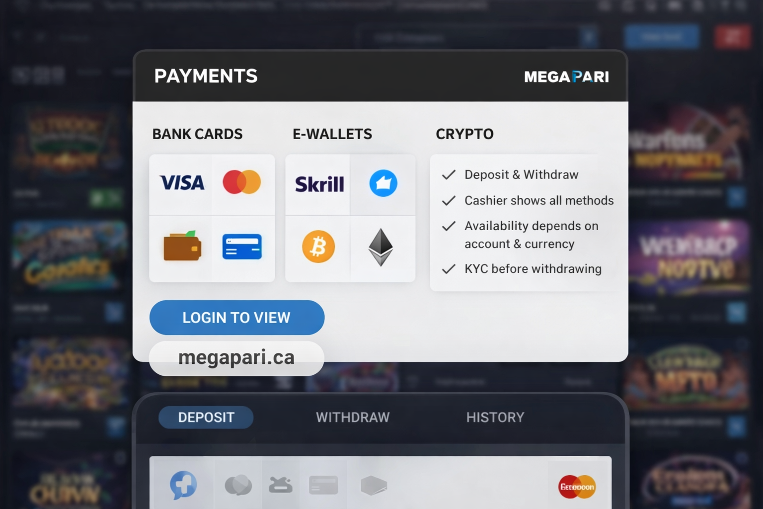 Megapari Canada payments and withdrawals options illustration