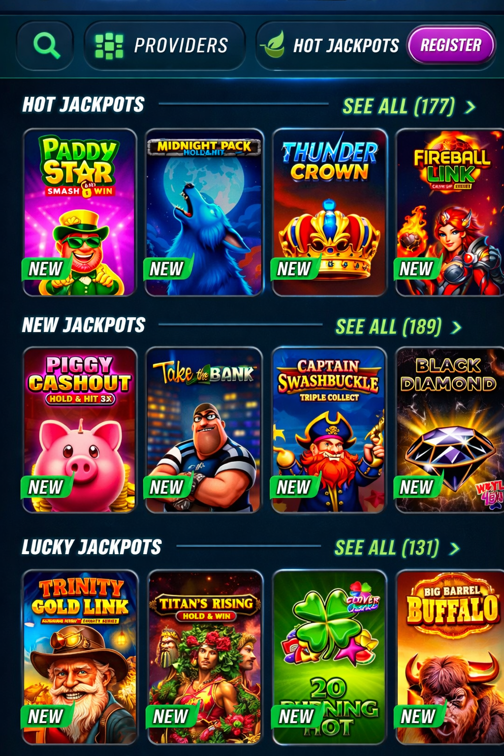 Caspero Casino Europe games lobby including slots, jackpots and live casino