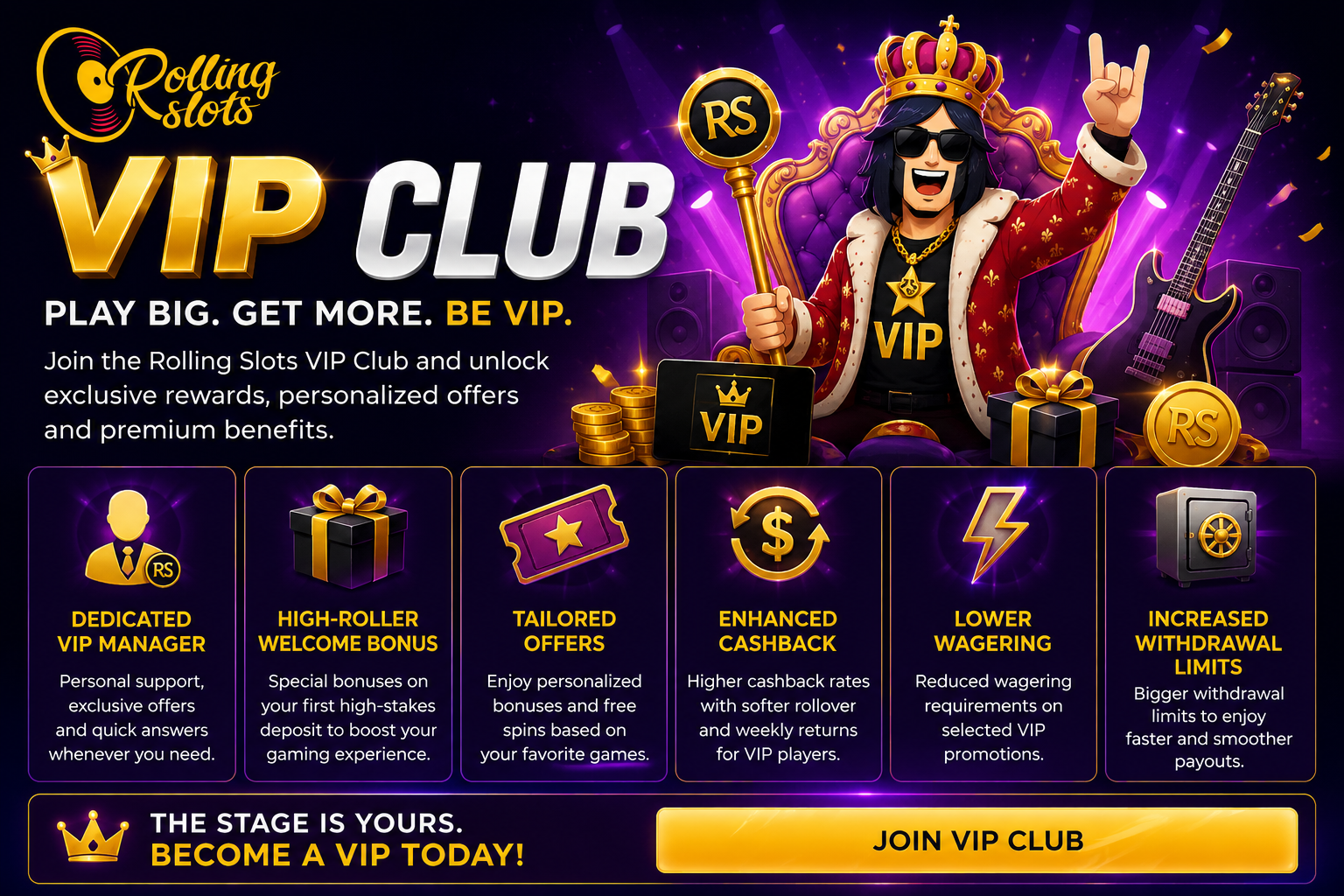 Rolling Slots Casino VIP Club – dedicated manager, enhanced cashback and higher limits