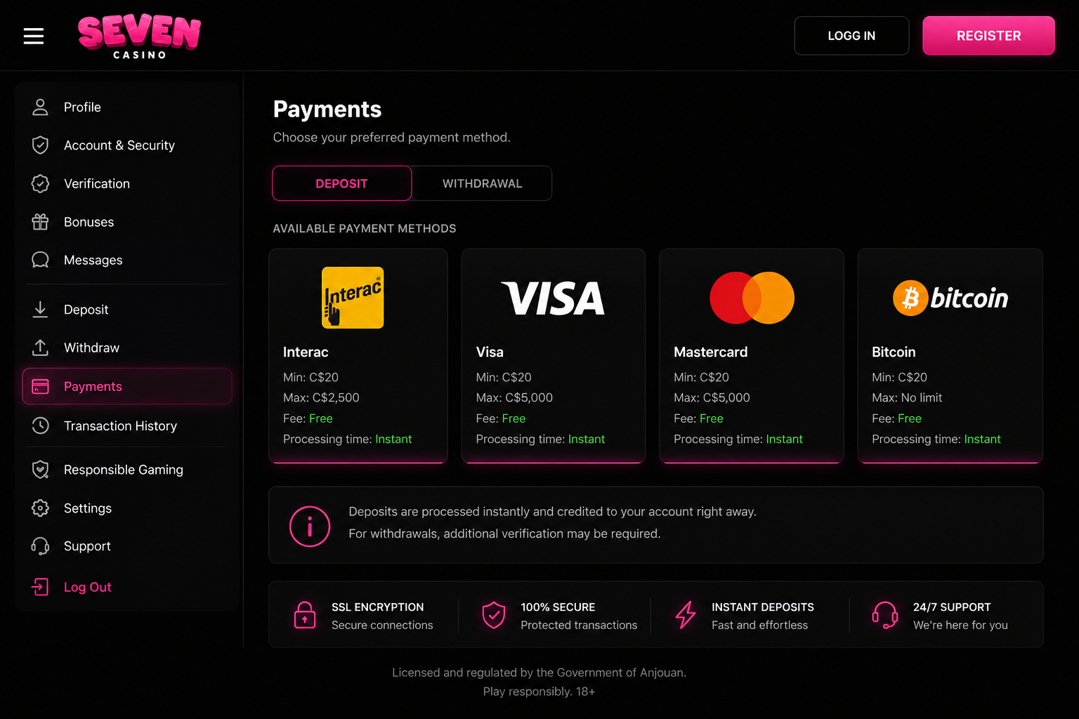Seven Casino Canada payment methods – Interac, Visa, Mastercard and Bitcoin