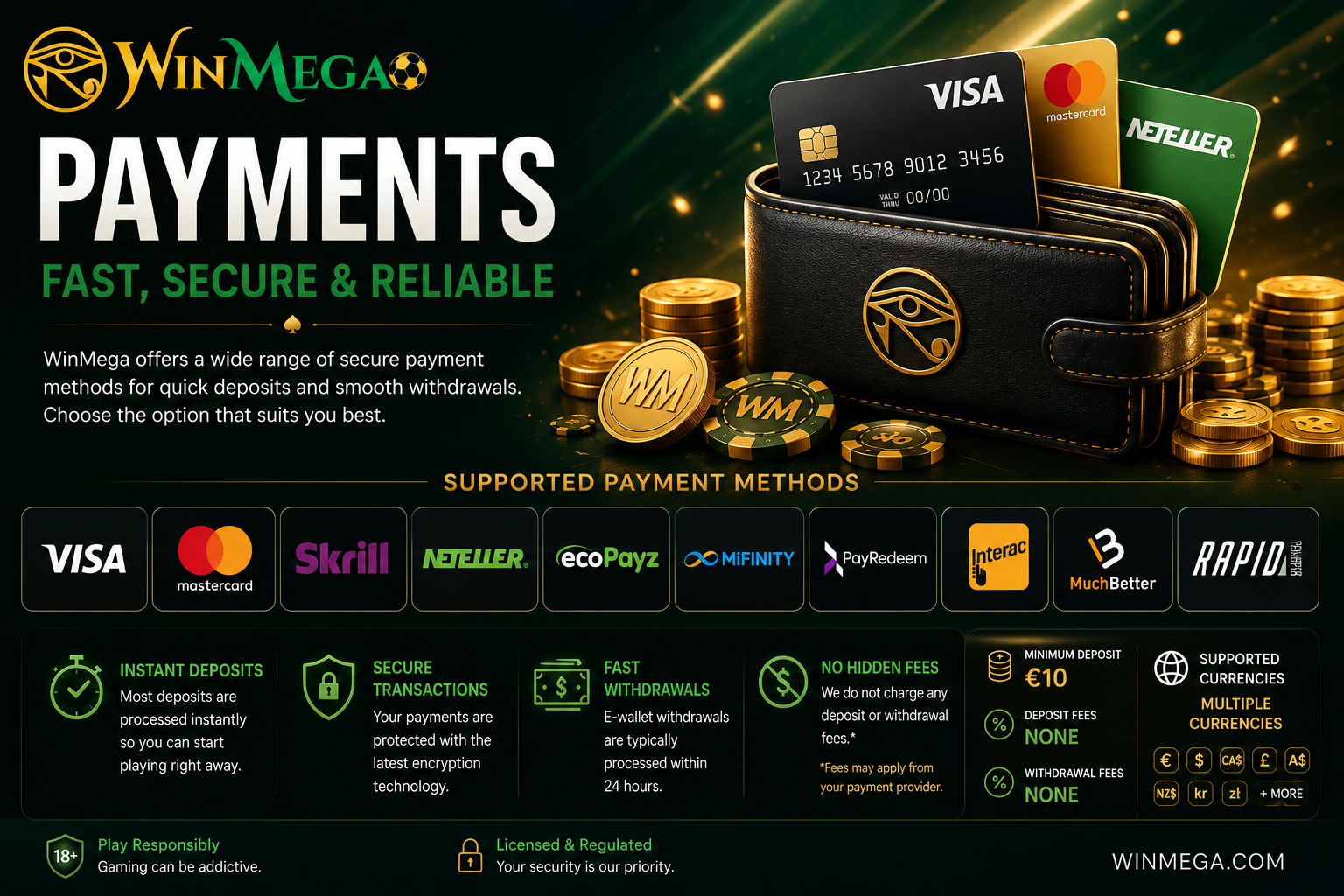 WinMega Casino payment methods – Interac, Visa, Mastercard, Skrill, Neteller and more