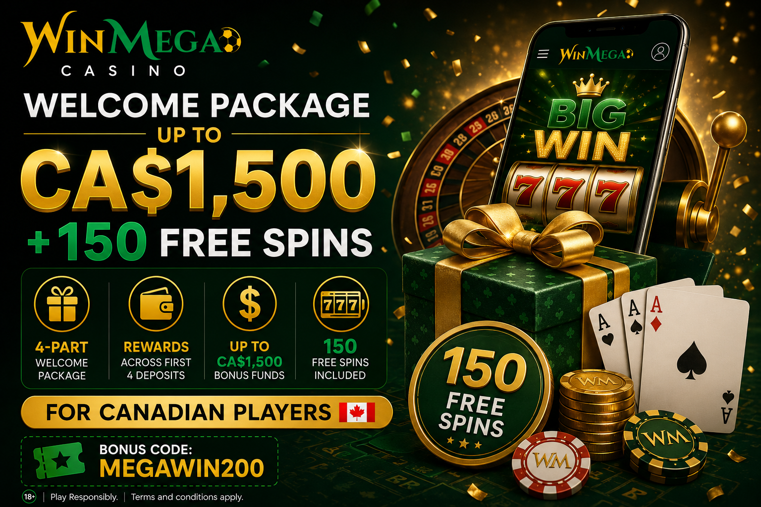 WinMega Casino Canada – welcome bonus up to CA$1,500 + 150 Free Spins