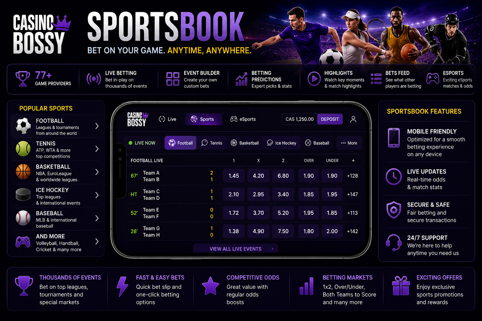Casino Bossy Canada sportsbook – live betting, Event Builder and odds on major tournaments
