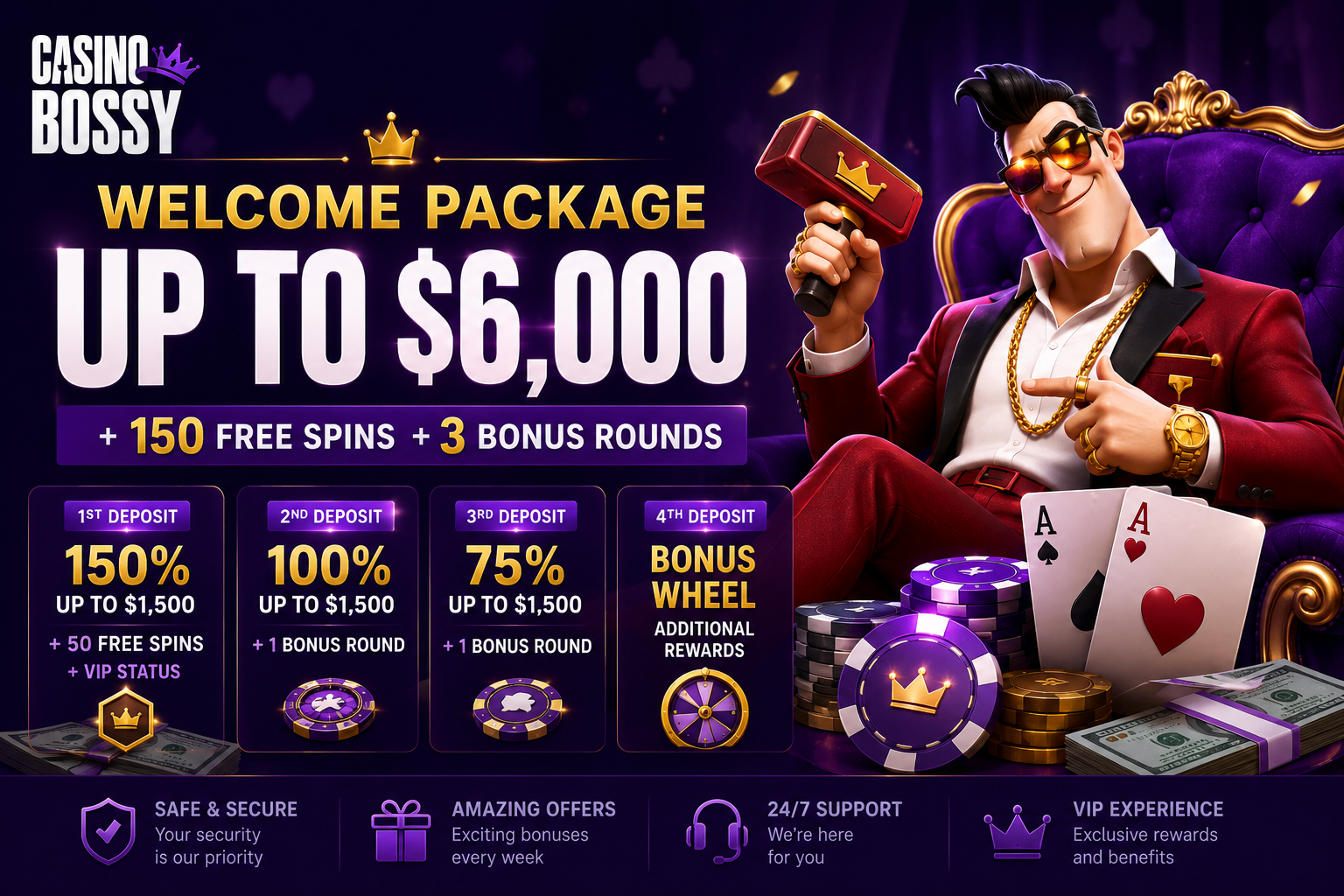 Casino Bossy Canada – welcome bonus up to C$6,000 + 150 Free Spins