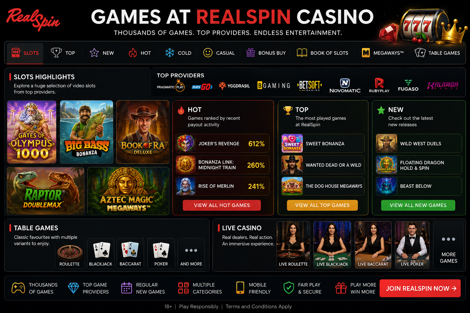 RealSpin Casino games lobby – slots, live casino and table games