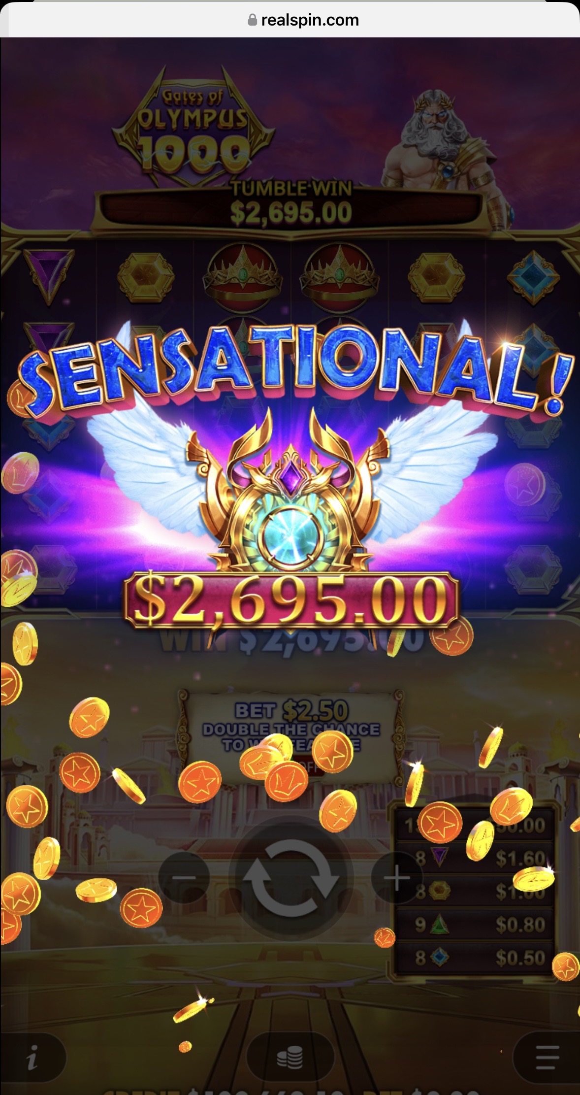 Gates of Olympus 1000 at RealSpin – $2,695 win from a $2 bet