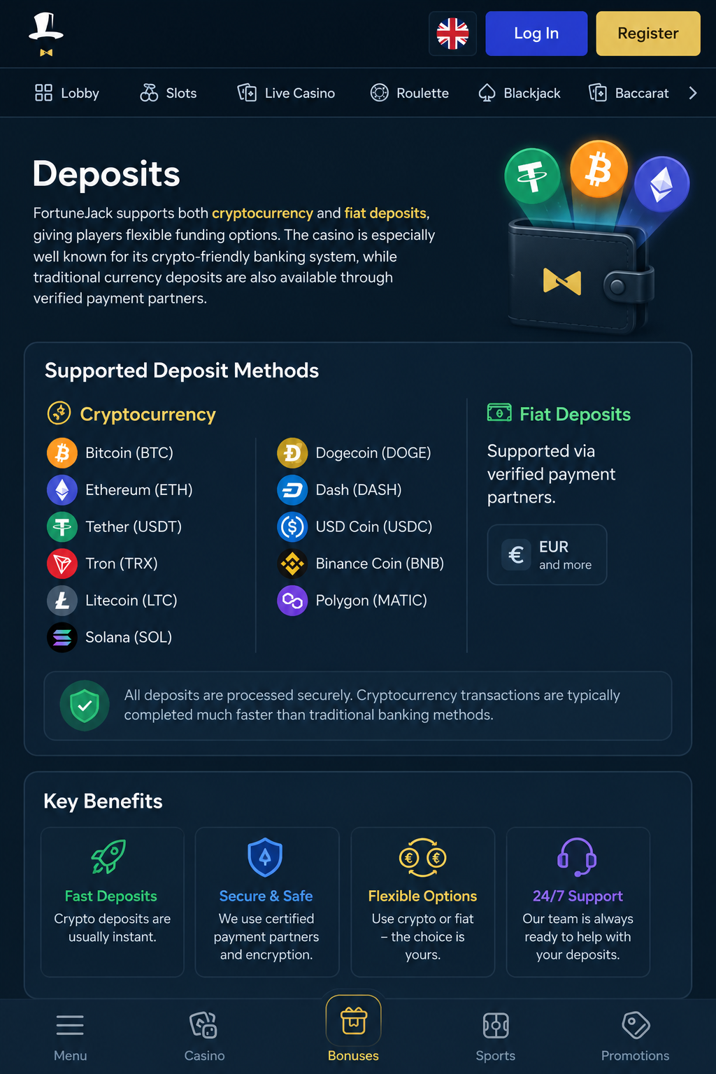 FortuneJack Canada – crypto and fiat deposit methods including Bitcoin, Ethereum and more