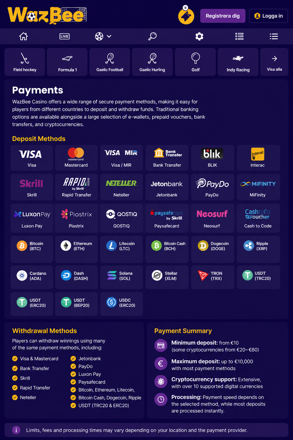 WazBee Casino Canada payment methods – Interac, crypto, Skrill and more