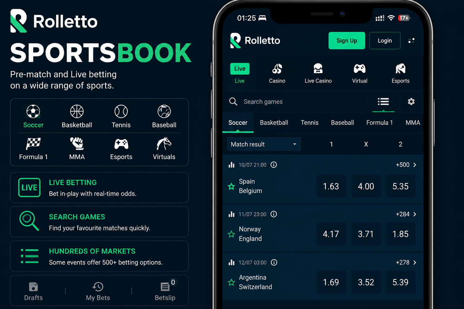 Rolletto Casino Canada sportsbook – live betting, pre-match and 500+ markets