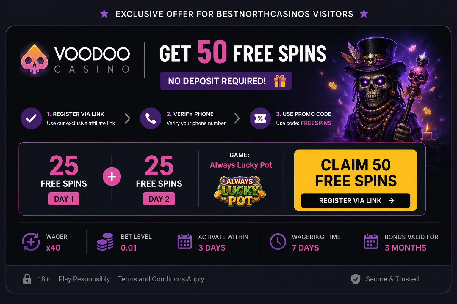 Voodoo Casino – 50 Free Spins No-Deposit Bonus