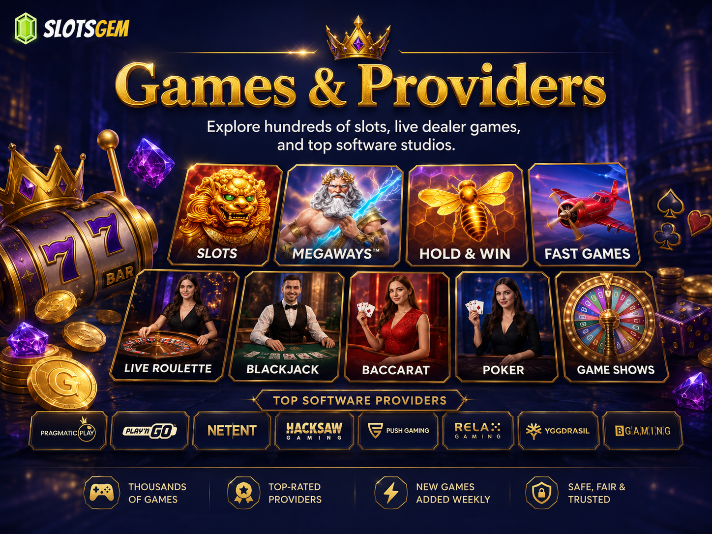 SlotsGem Casino Canada – games from 20+ software providers including Pragmatic Play and Hacksaw Gaming