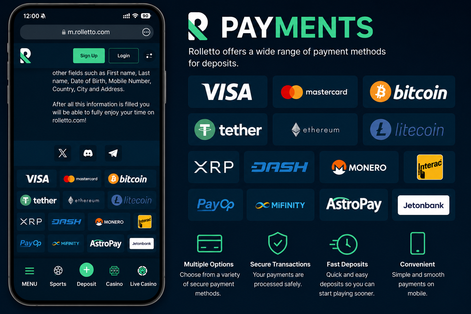 Rolletto Casino Canada payment methods – Interac, crypto, Visa and more