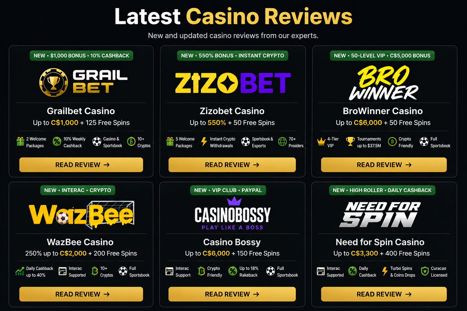 Latest casino reviews including Grailbet, Zizobet, BroWinner, WazBee, Casino Bossy and Need for Spin