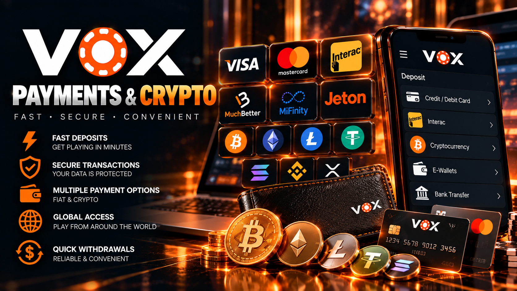 VOX Casino payment methods including fiat and cryptocurrency logos